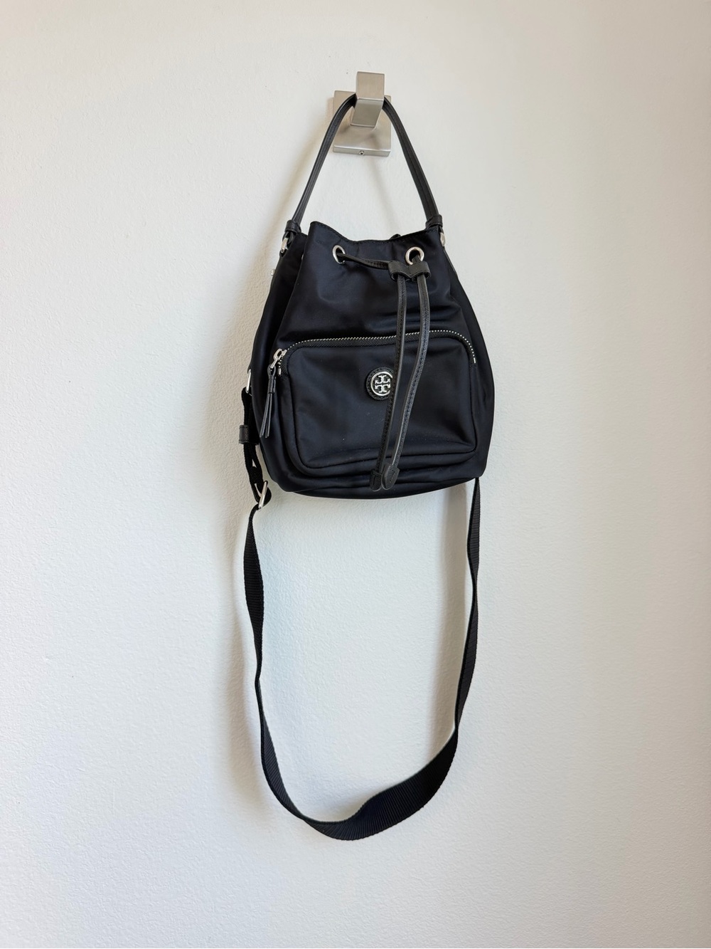 Tory Burch Black Nylon Drawstring Bucket Crossbody